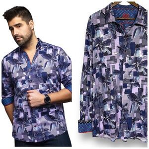 Au Noir Flip Cuff Shirt Mens 7 3XL‎ Callisto Lavender Button Up Cotton Casual